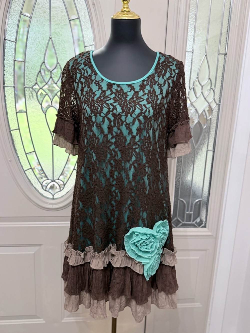 Lady Noiz Lace Overlay Dress Size M Boho Ruffle Hem Sheer Layered Tunic